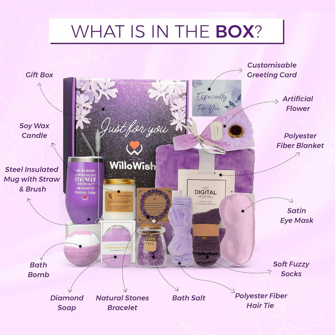 Willowish Purple Birthday Gifts for Women - 15 Pcs Get Well Gifts for Women after Surgery - Thinking of You Gifts for Women - Relaxing Spa Gifts for Women - Get Well Soon Gift Baskets for Women