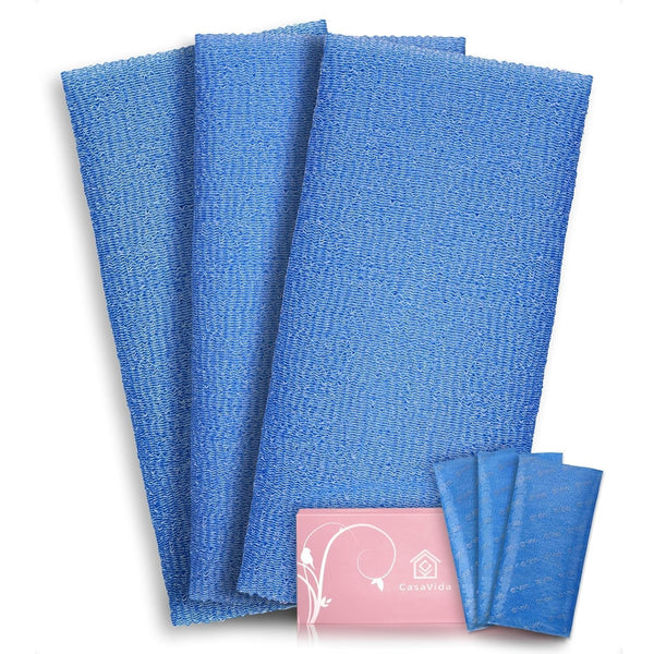 Casavida Exfoliating Washcloth Back Scrubber for Shower Exfoliating Body Scrubber Japanese Beauty African Net Sponge Bath Korean Loofah Towel Wash Cloth Body Scrub 3 Pack (Navy-Blue X 3)