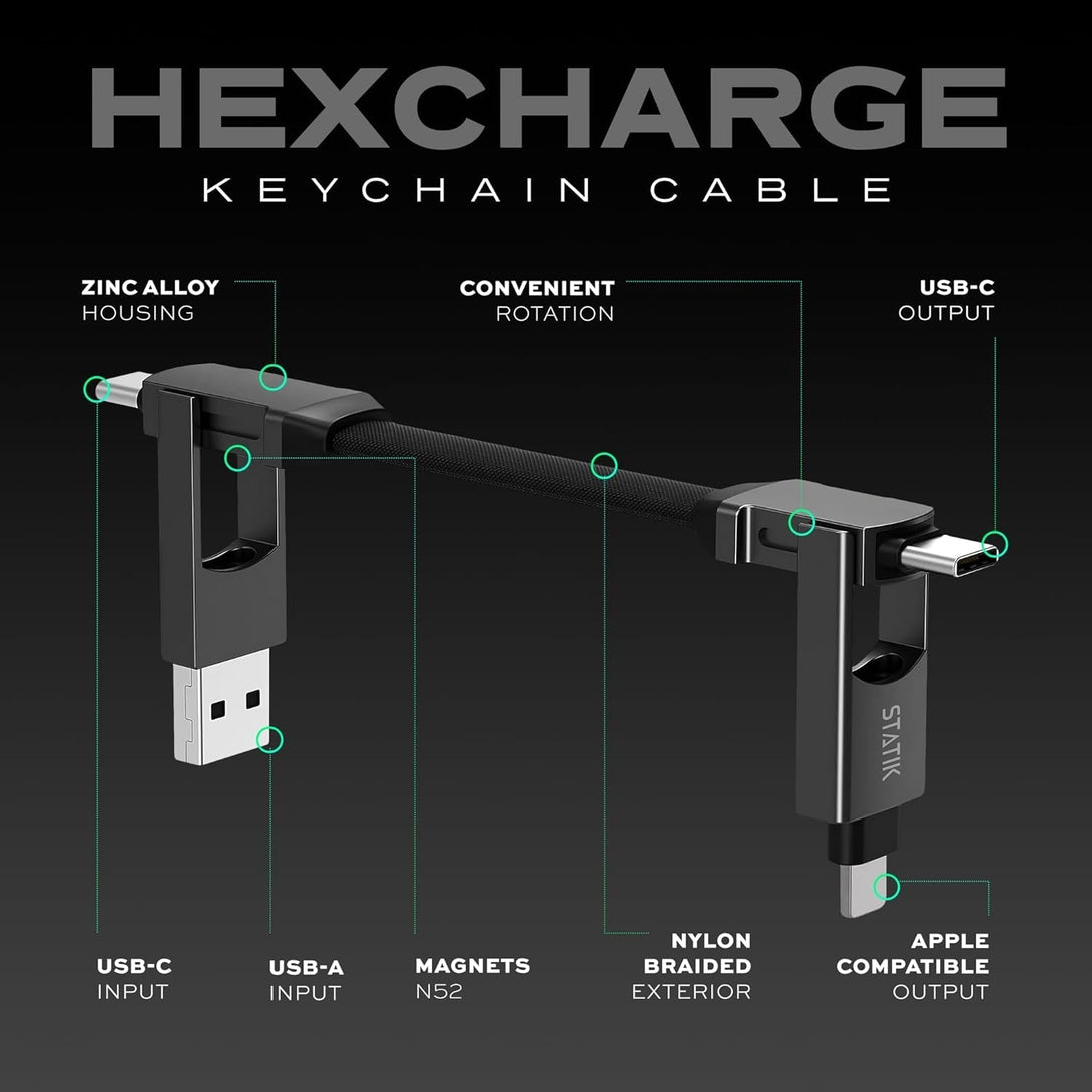 Statik Hexcharge Keychain Charger Cable - Portable 4 in 1 Charging Cable Key Ring, 60W Fast Charging, Universal Multi Charging, Compatible with Iphone, USB C, and USB a - 2-Pack