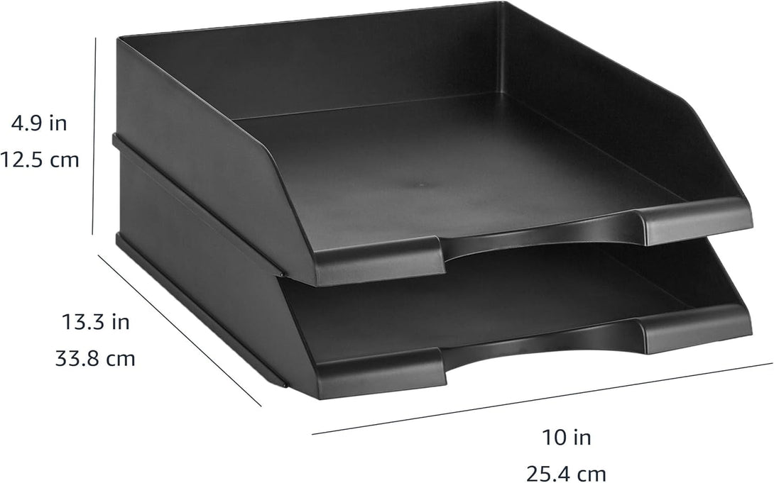 Amazon Basics Rectangular Stackable Office Letter Size Plastic Organizer Desk Tray, Pack of 2, 13.3" X 10" X 2.5", Black