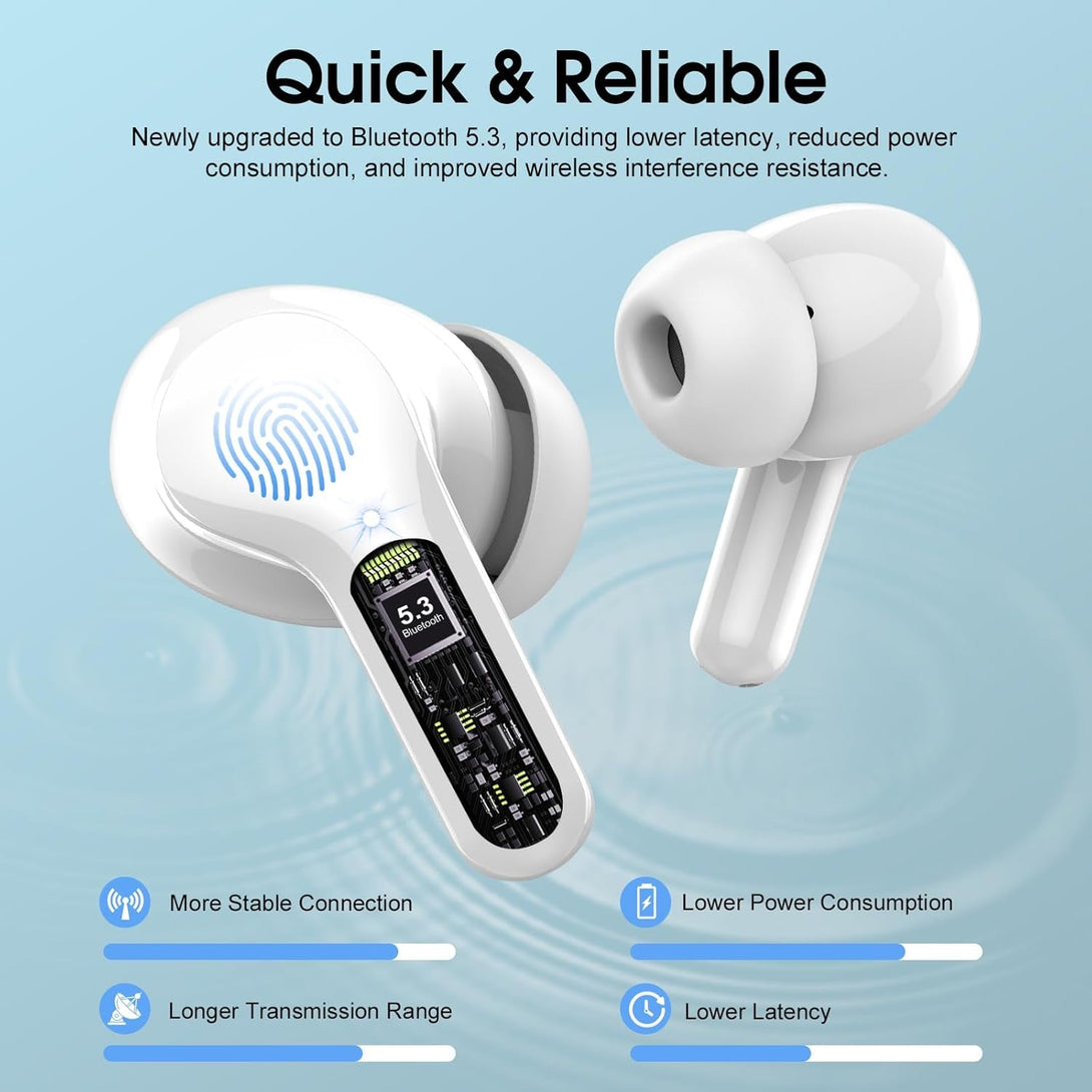 Wireless Earbuds Bluetooth 5.3 Headphones, 40H Playback Hifi Stereo Ear Buds with LED Display, ENC Noise Cancelling Earbuds, IP7 Waterproof In-Ear Earphone for Ios Andriod Sport/Workout/Running/White