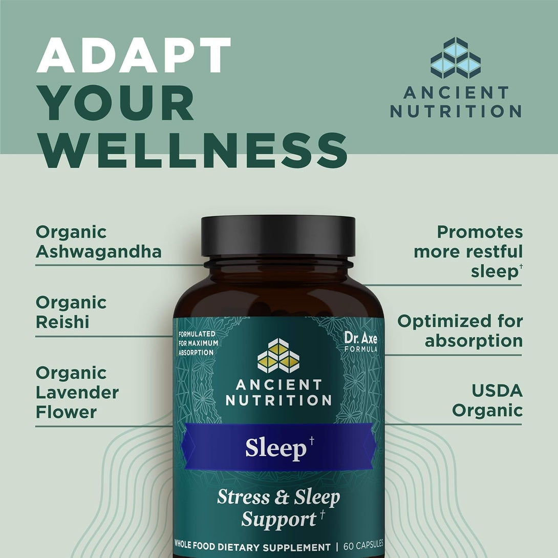 Ancient Nutrition Ashwagandha for Sleep Support, for Stress and Sleep Support, Promotes Mental Relaxation, Gluten Free, Paleo and Keto Friendly, 60 Capsules