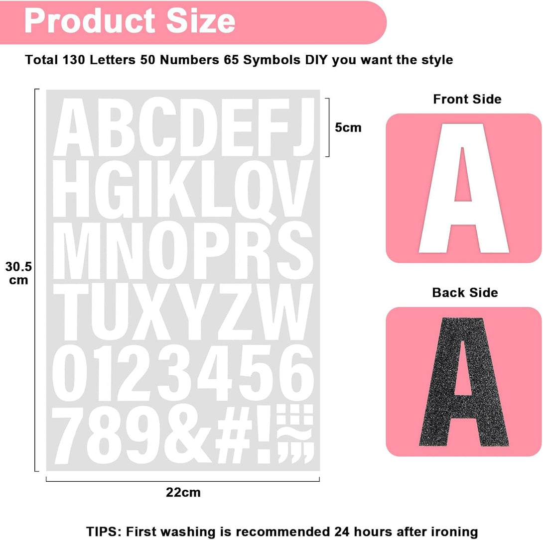 5 Sheets White Iron on Letters and Numbers for Fabric, 245 Pieces Heat Transfer Letters 2 Inch Iron on Vinyl Letters with PU a to Z, and 0-9 Iron on Numbers for DIY Printing Clothing Jersey T-Shirts