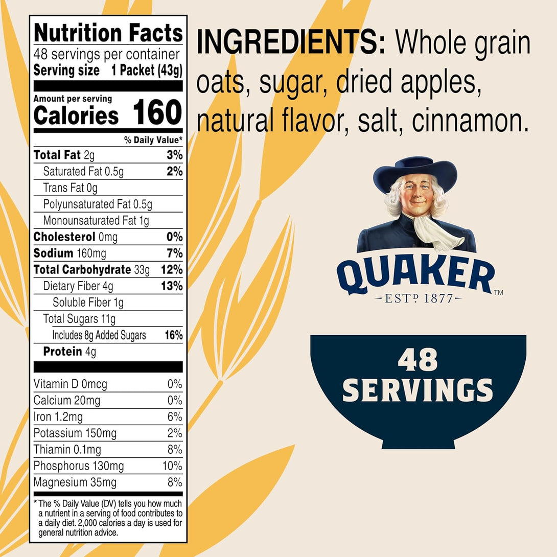 Quaker Instant Oatmeal, Apples and Cinnamon, Individual Packets (48 Count of 1.51 Oz Packets), 72.48 Oz