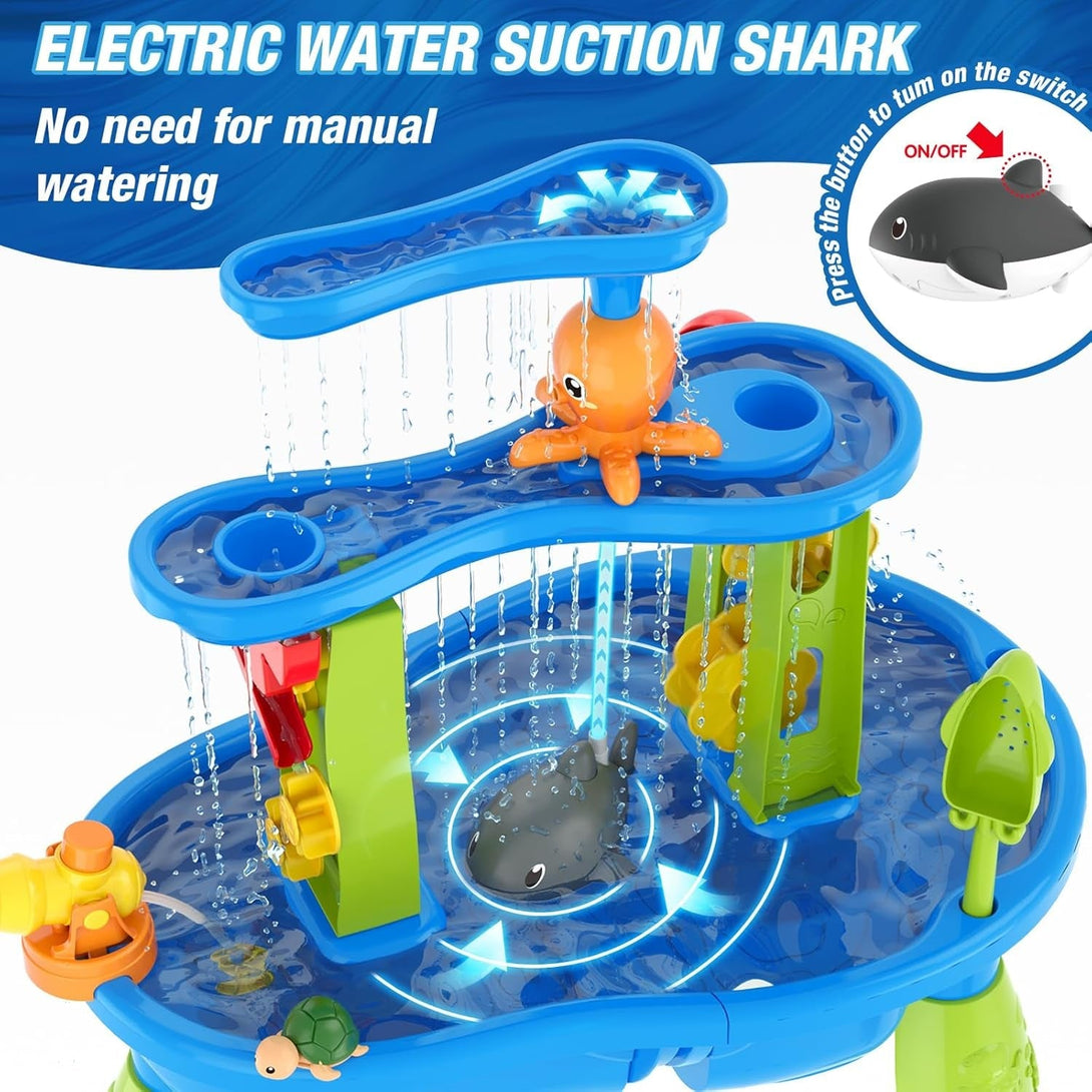 Auto Water Table for Toddlers 3-5 with Water Pumb, 3-Tier Kids Sand Water Table, Rain Showers Splash Pond for Outdoor Beach Backyard Summer, Activity Sensory Play Table for Boys Girls