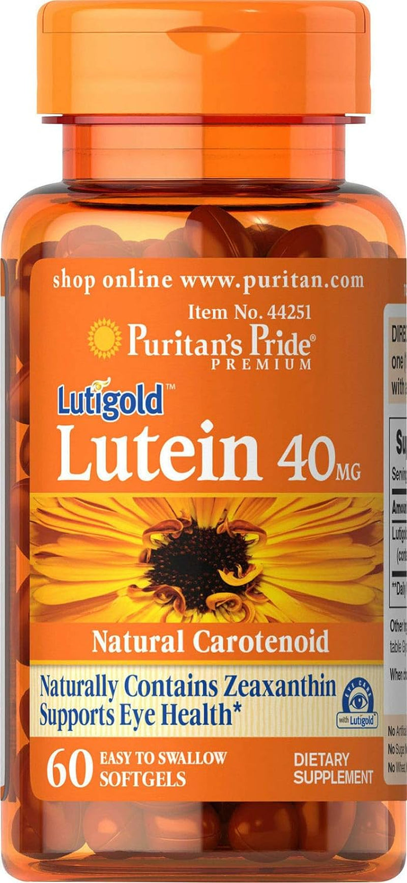 Puritan'S Pride Premium Lutigold™ Lutein Carotenoid 40 Mg with Zeaxanthin for Men and Women, Dietary Supplement for Eye Health Support, 2 Month Supply, 60 Easy-To-Swallow Softgels