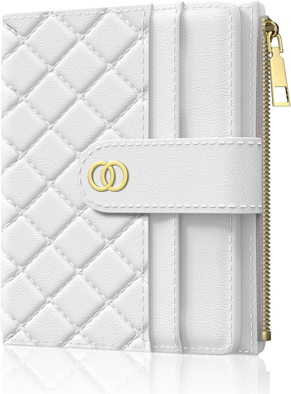 Womens Wallet, RFID Small Slim Wallets for Women, Compact Credit Card Holder, Cute Leather Bifold Ladies Purse with Zipper Coin Pocket and ID Window, White
