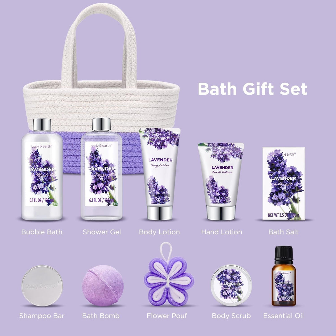 Spa Gift Baskets for Women - Body & Earth 11Pcs Lavender Gift Sets with Bubble Bath, Shower Gel, Body Lotion, Birthday Gifts for Women, Spa Kit for Mom Gifts, Purple Gifts