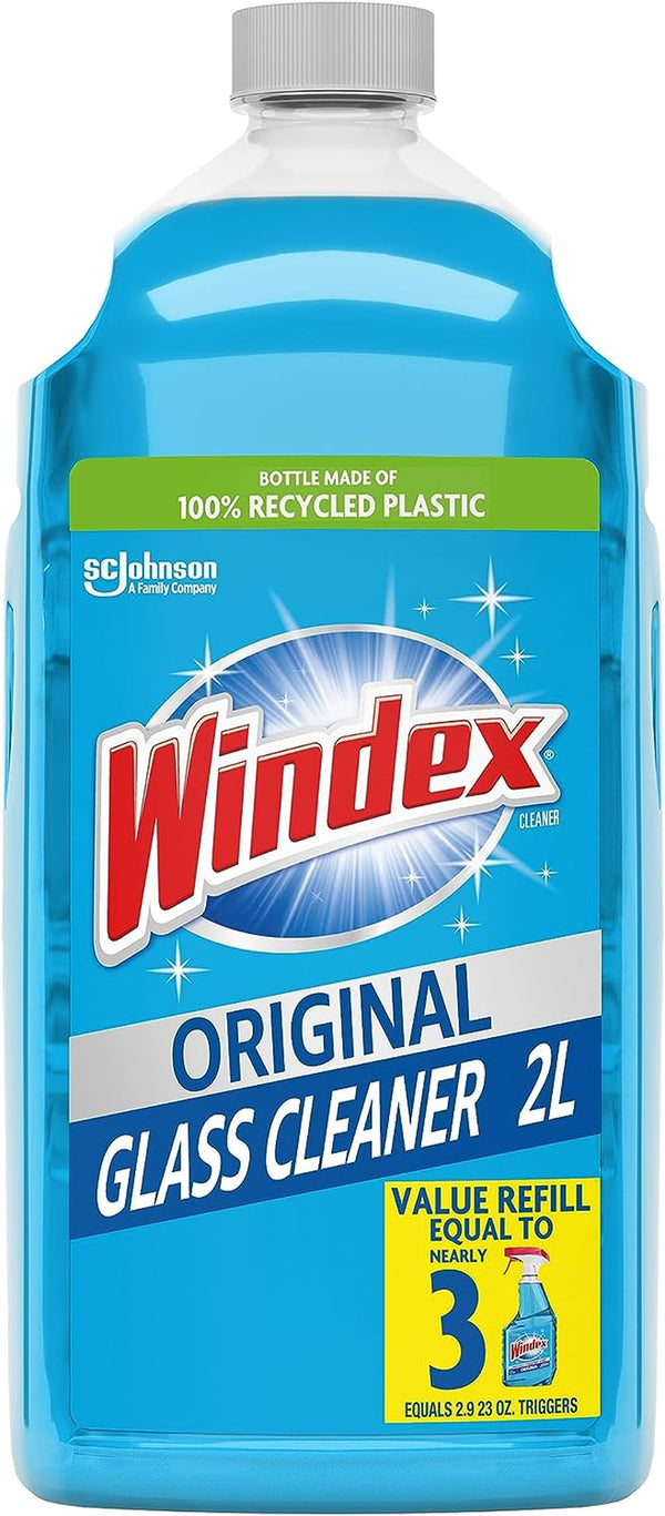 Windex Glass Cleaner Spray Refill, Original Blue Window Cleaner Works on Smudges and Fingerprints, Bottle Made from 100% Recovered Coastal Plastic, 2L