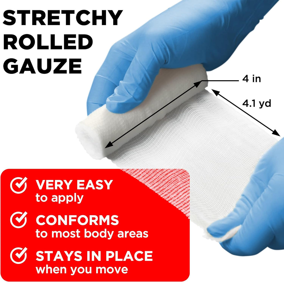 Premium Gauze Rolls - (24 Pack) - 4" X 4.1Yd Breathable Rolled Gauze - Individually Wrapped + Bonus Tape - First Aid Conforming Gauze Wrap Roll for Wounds