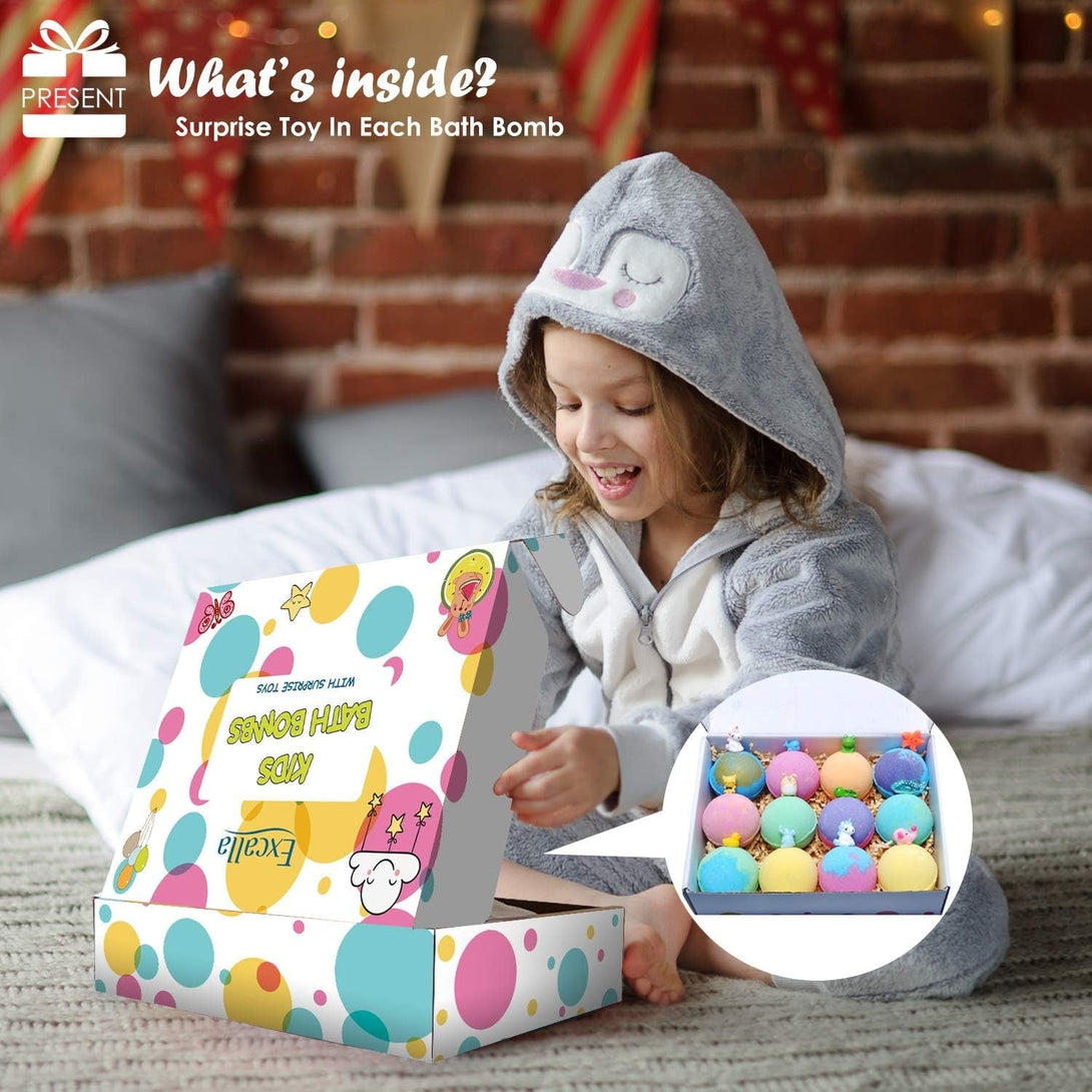 Bath Bombs for Kids with Toys inside Surprise - 12Pack Bubble Bath Fizzies Vegan Essential Oil Spa Bathbombs Fizz Bath Balls Kit for Girls Boys Women Skin Moisturize, Handmade Girl Gift Set, Kid Safe