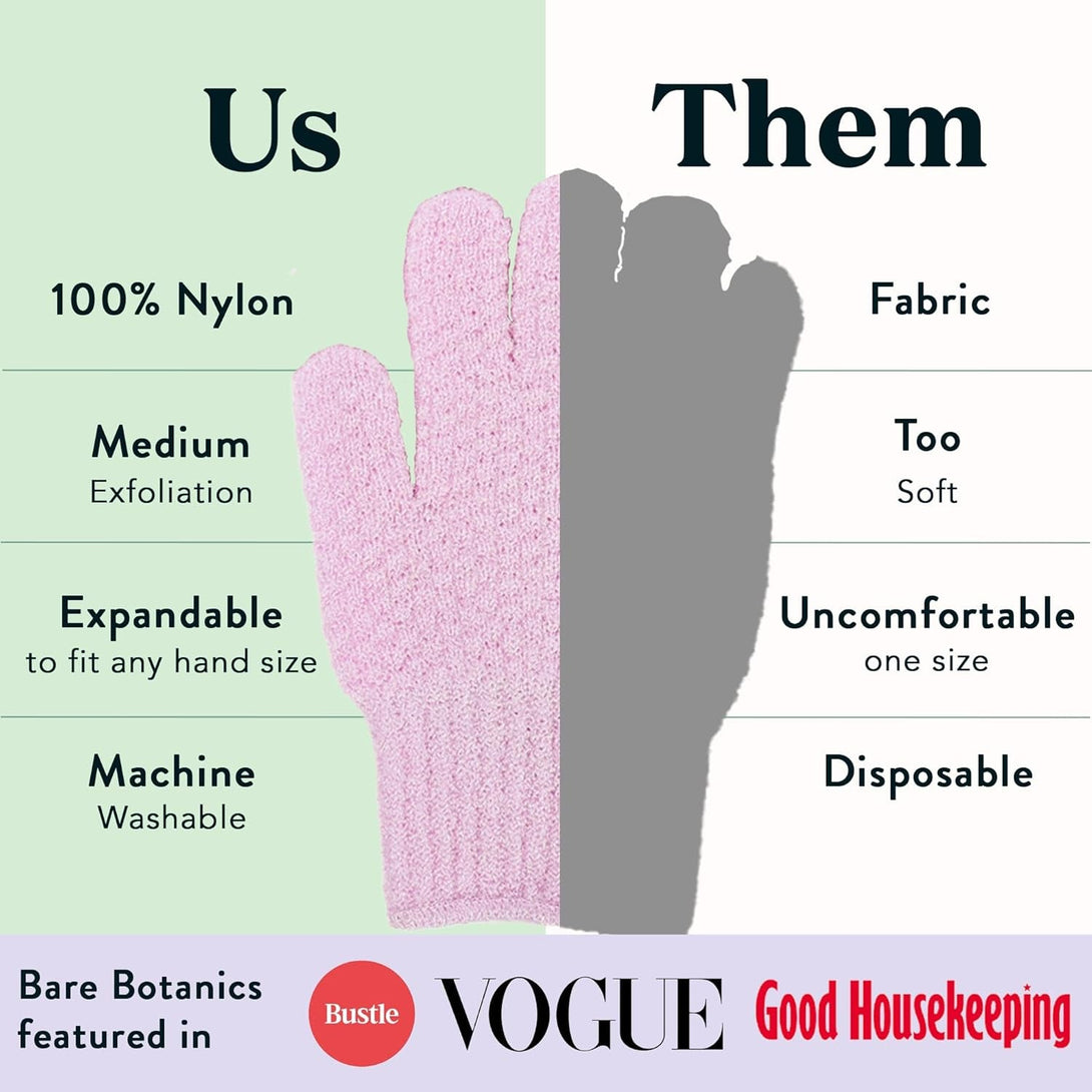 Bare Botanics 4 Pack Exfoliating Gloves for Shower (Lavender) - 100% Nylon Fibers - Exfoliating Bath Gloves - Shower Scrubber & Dead Skin Remover - Perfect for Wet & Dry Exfoliation