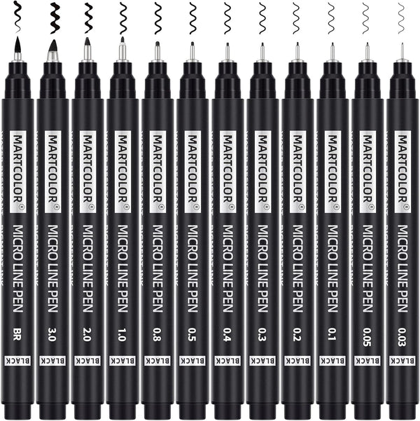 12 Size Micro-Pen Fineliner Ink Pens, Black Waterproof Archival Inking Markers, Multiliner Pen, Illustration Pen, Art Pen for Sketch, Watercolor, Anime, Manga, Technical Drawing