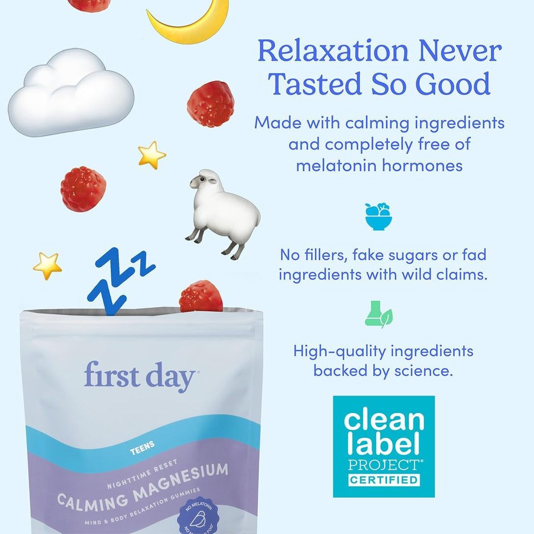 First Day Teens’ Nighttime Reset Calming Magnesium Gummies – Sleep Aid Supports Peaceful Rest, Balanced Mood & Energy – Supplement with Magnesium Citrate, Affron & No Melatonin – 30-Day Supply