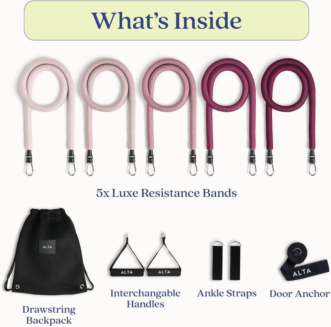 ALTA Resistance Tube Bands for Women - Full Kit Resistance Bands for Working Out with Handles, Ankle Straps, Door Anchor – Home Workout Bands for Physical Therapy, Pilates Long Exercise Bands Set