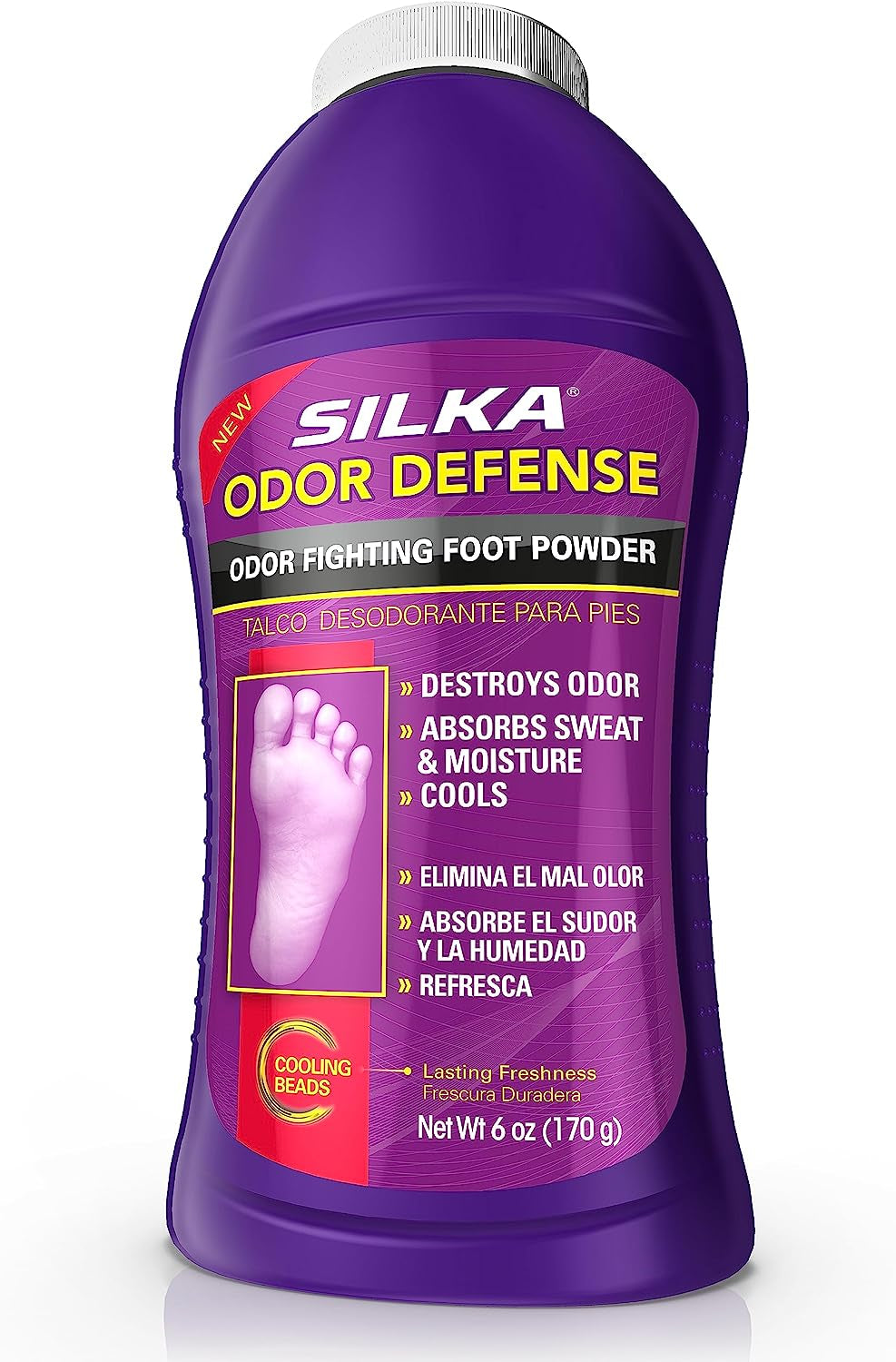 SILKA Odor Fighting Foot Powder & Shoe Deodorizer with Corn Starch Powder, Talc & Cooling Beads for Lasting Freshness, Absorbs Sweat & Excess Moisture, 6 Oz