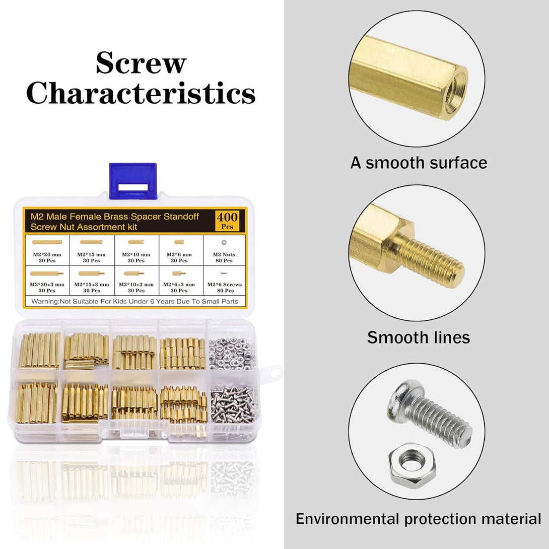 400Pcs M2 Motherboard Standoffs&Screws&Nuts Kit, Hex Male-Female Brass Spacer Standoffs, Laptop Screws for DIY Computer Build, Electronic Projects, Raspberry Pi, Circuit Board Etc.