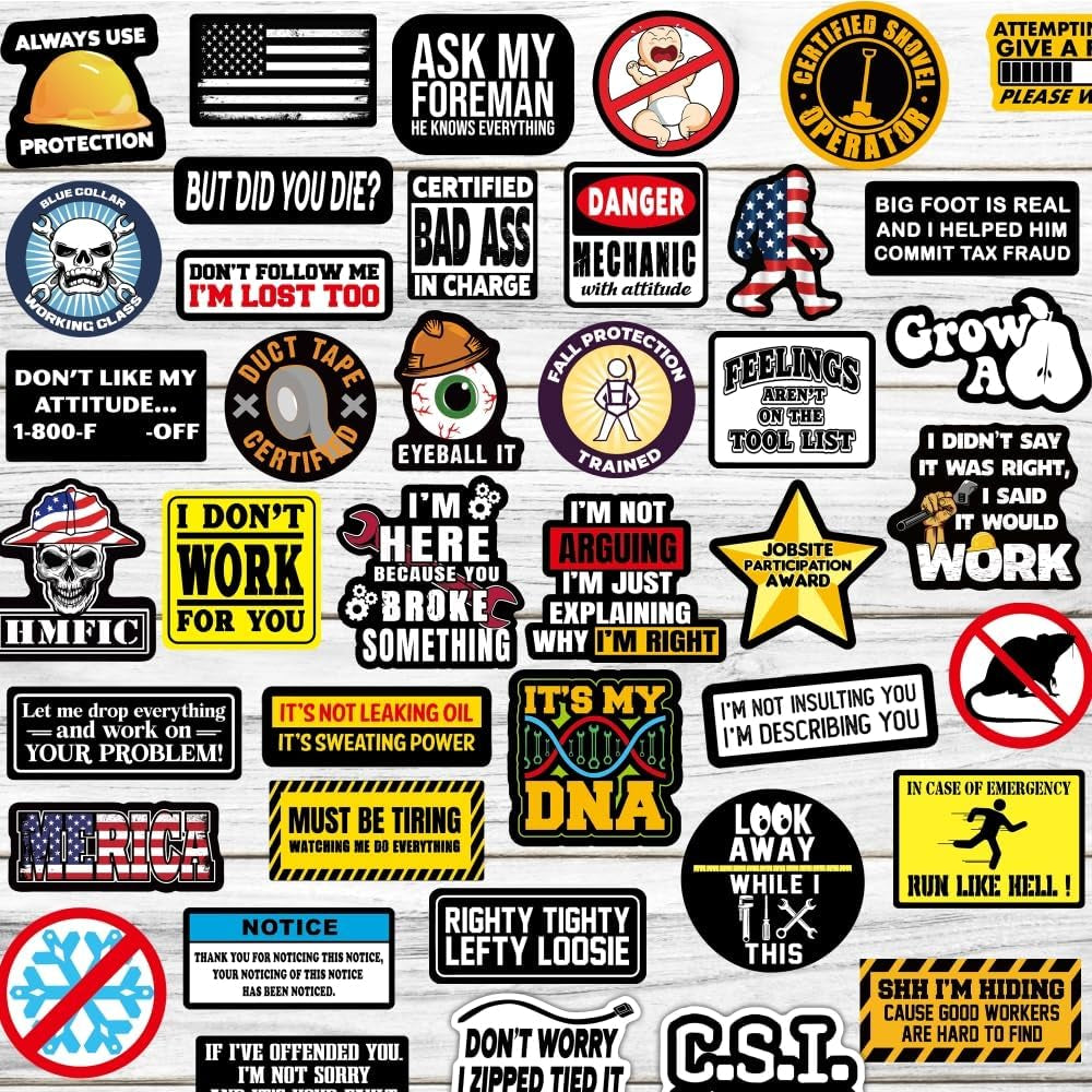 150 PCS Funny Hard Hat Stickers for Adults, Tool Box, Helmet, Blue Collar Stickers, Prank Meme Vinyl Waterproof Decal for Mechanics, Electricians, Union, Military, Construction