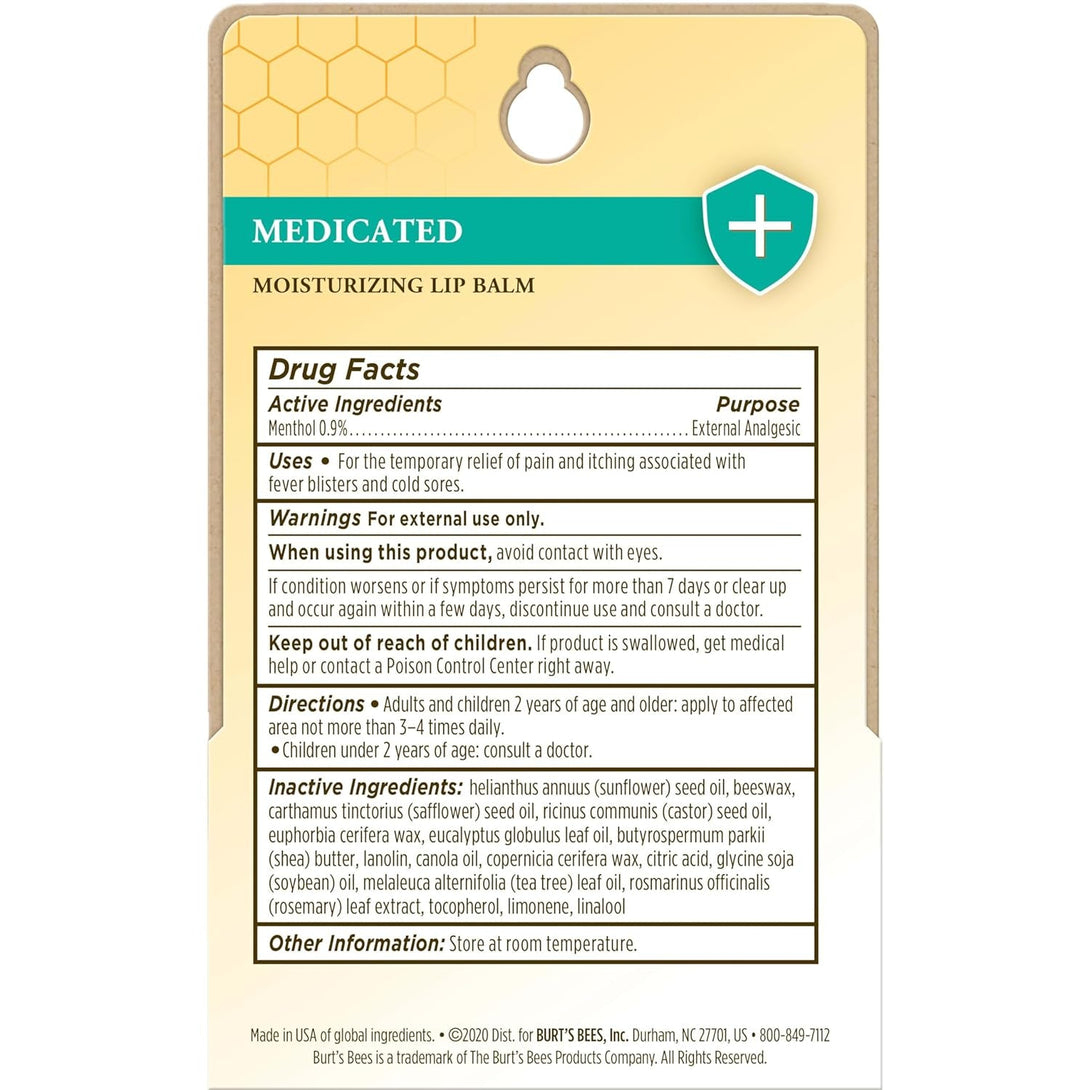 Burt'S Bees Medicated Lip Balm, with Eucalyptus Oil and Menthol, Tint-Free, Natural Origin Lip Care, 2 Tubes, 0.15 Oz.