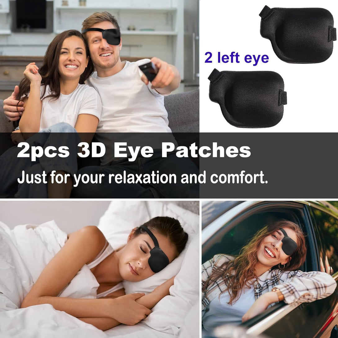 2Pcs 3D Eye Patches for Adults, Adjustable Medical Eyepatch for Lazy Eye, Black(Left Eye)