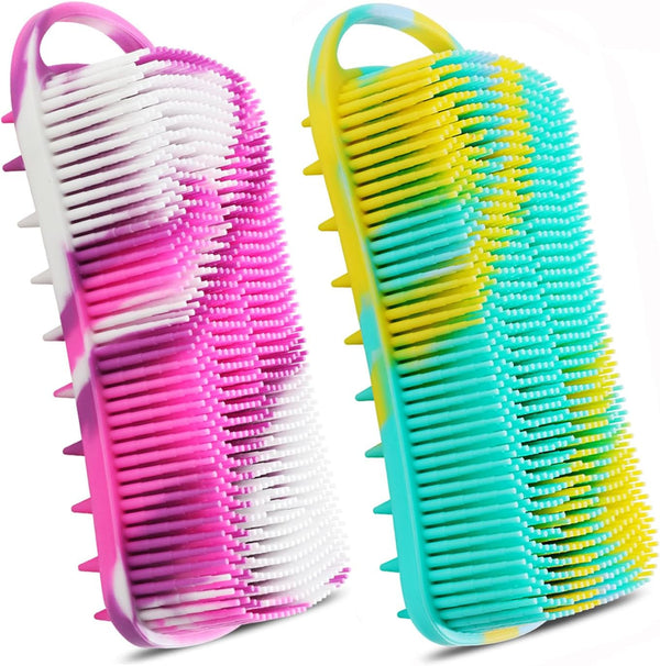 Silicone Body Scrubber, 2 in 1 Body Brush & Hair Scalp Brush for Shower and Bath, Easy Clean, Lathers Well, Stimulating Blood Circulation More Hygienic than Loofah,Women Men.Purple,Green