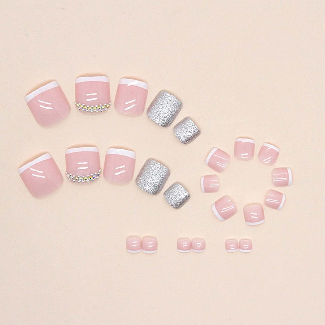 French Tip Press on Toenails Pink Fake Toenails Glitter False Toe Nails with Rhinestone Design Glossy Acrylic Glue on Toenails Summer Full Cover Artificial Stick on Toenails for Women Girls 24Pcs