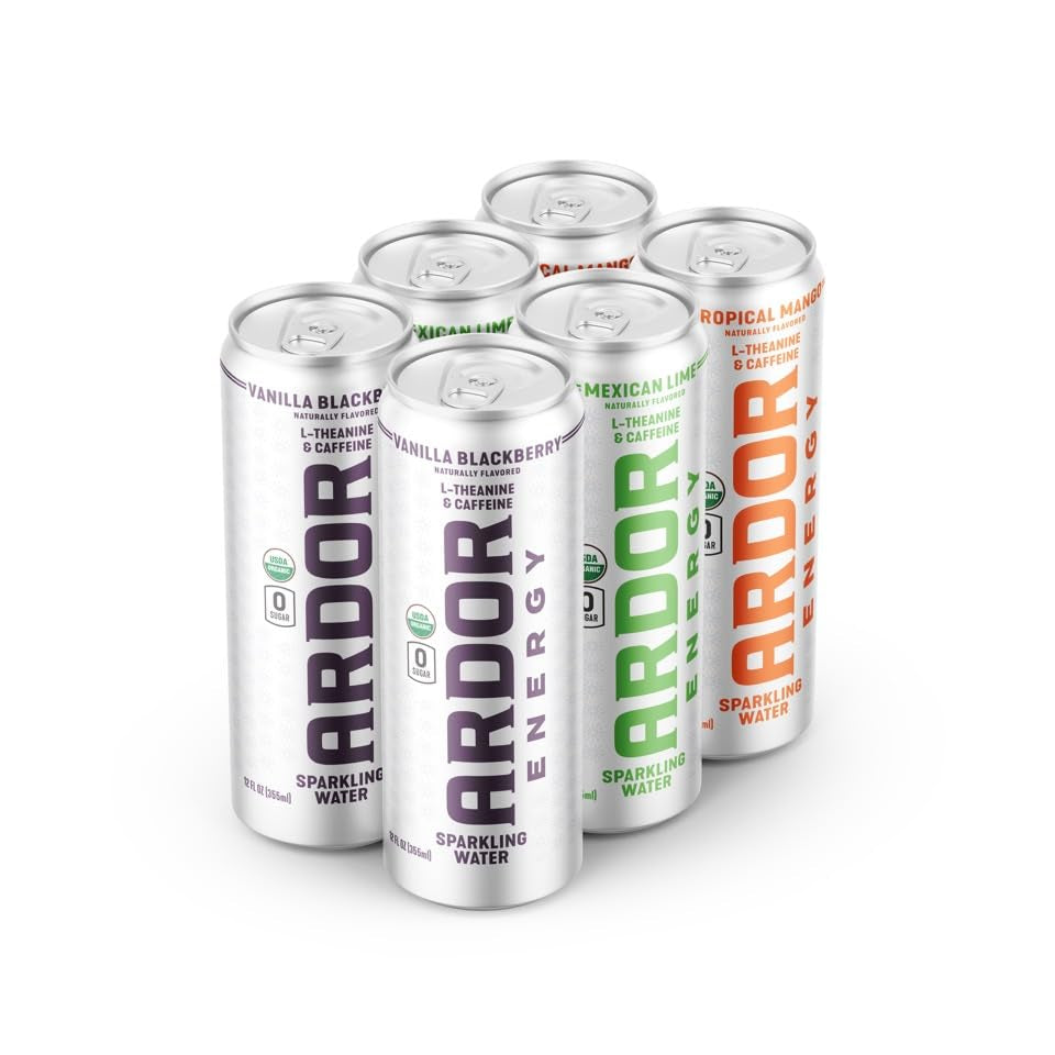 ARDOR ENERGY Sparkling Water 6 Pack Sampler. 100Mg Organic Caffeine from Green Tea & 200Mg Organic L-Theanine (Focus & Calm). No Sugar. No Calories. Vegan. Gluten Free.