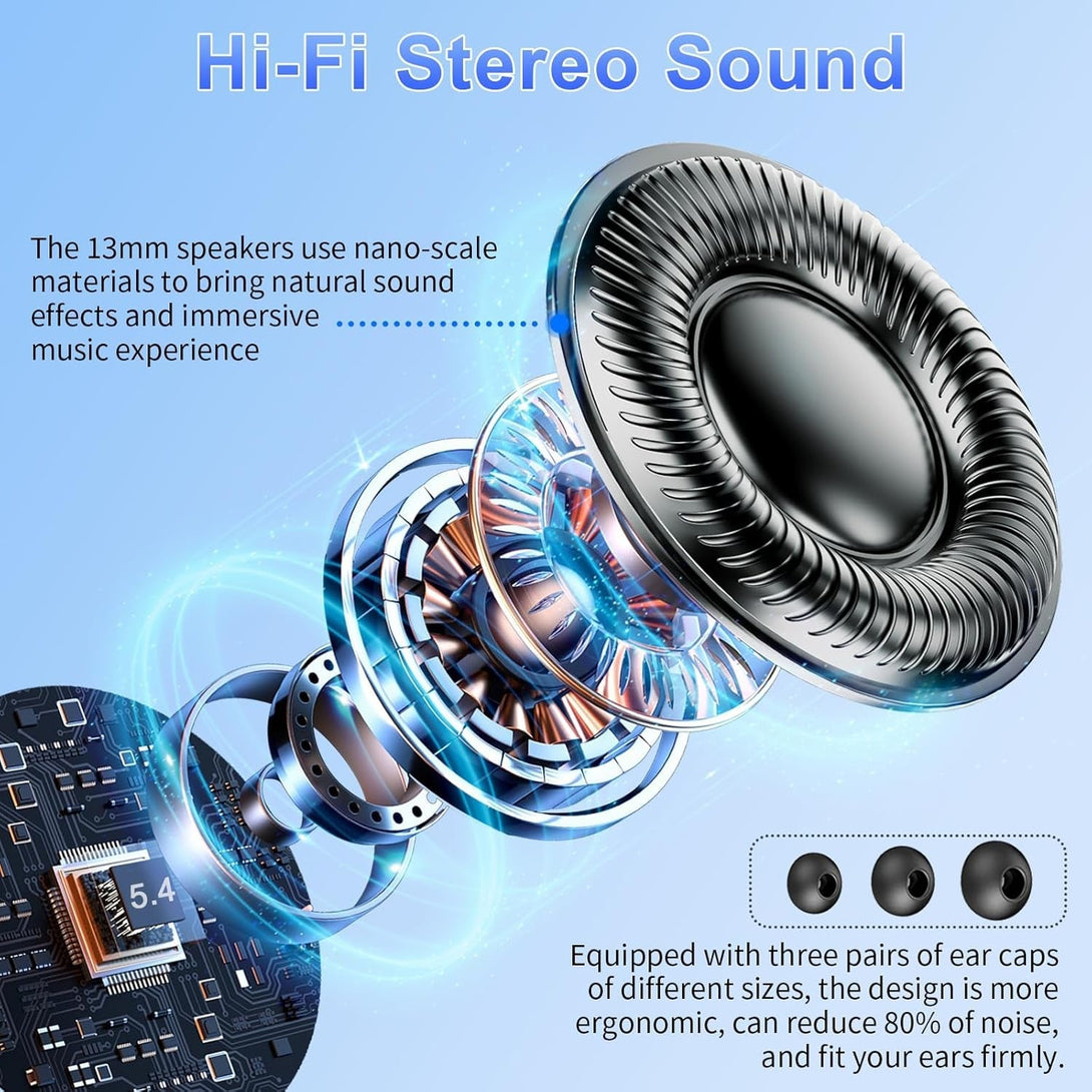 Wireless Earbuds,2025 Bluetooth 5.3 Headphones in Ear with 4 HD Microphone, 56H Playtime, HIFI Stereo in Ear Earphones, IPX7 Waterproof Bluetooth Earbuds, LED Display, USB-C, Sport/Work/Leisure/Black