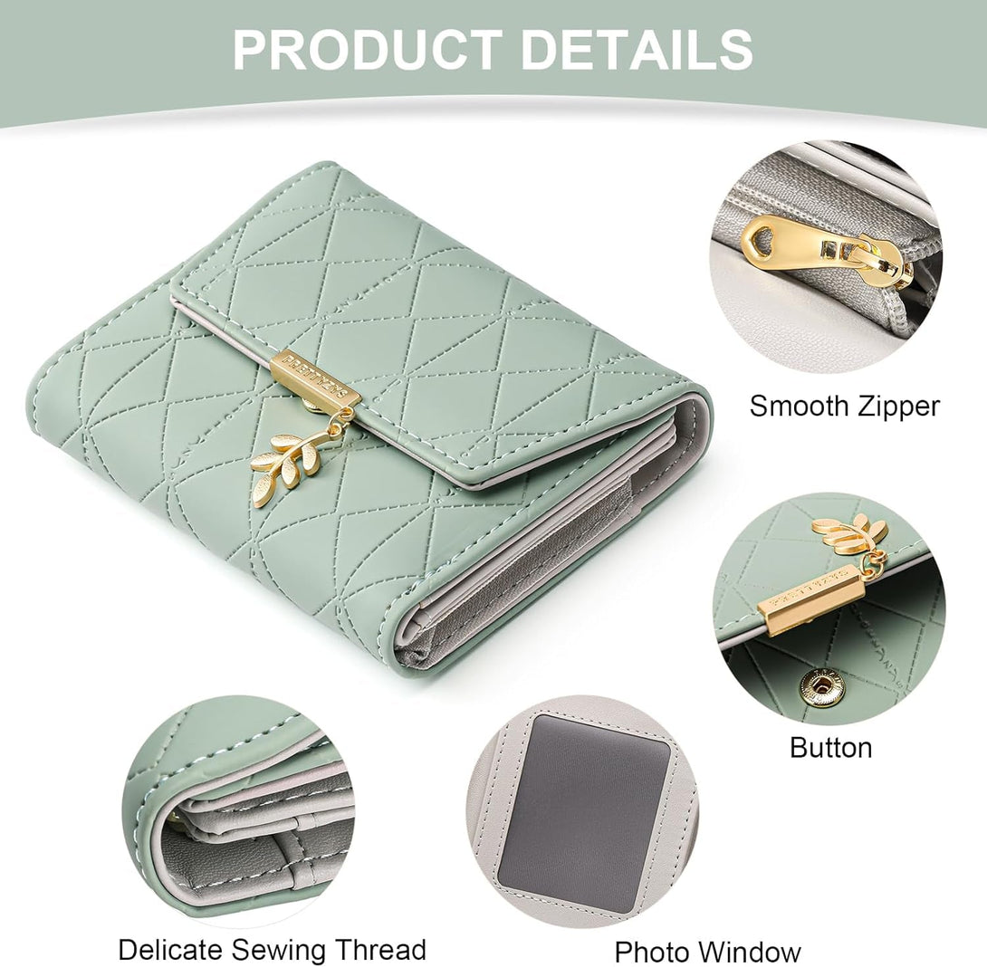 Bifold Wallet Women Leather RFID Blocking Card Holder Compact Wallet Zipper Coin Pocket with ID Window