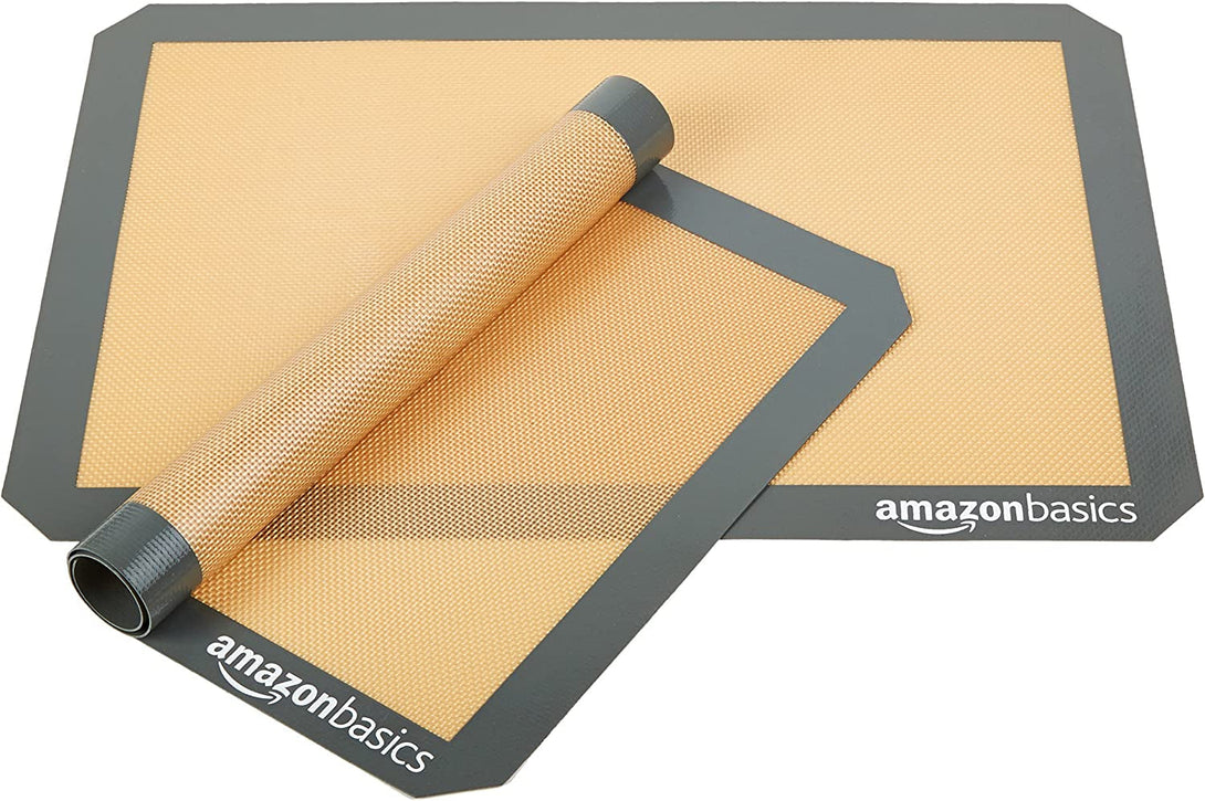 Amazon Basics Rectangular Silicone, Non-Stick Reusable, Food Safe Baking Mat, Pack of 2, 16.5"L X 11.6"W, New Beige/Gray