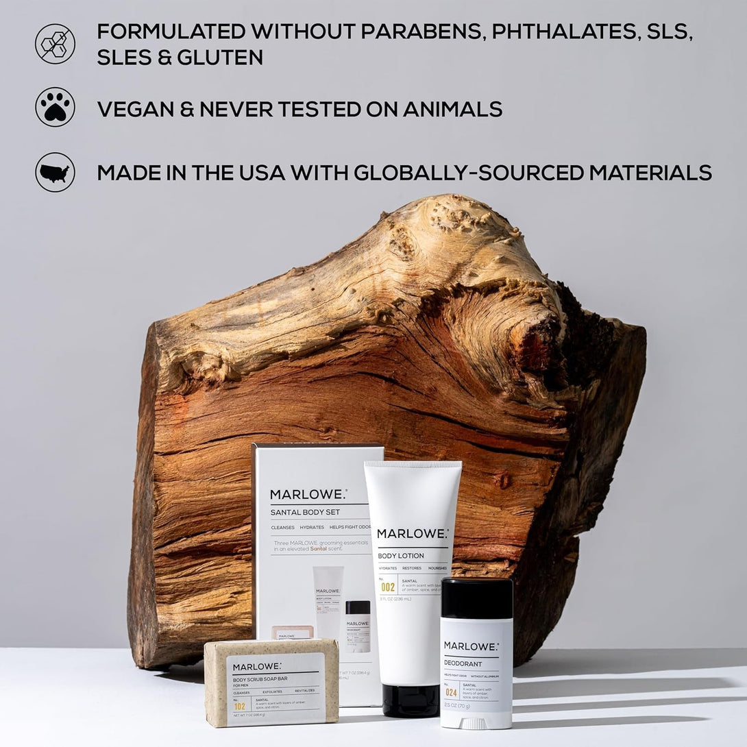 Men'S Grooming Santal Body Set, Features No. 102 Scrub Soap Bar, No. 024 Deodorant & No. 002 Body Lotion, Warm Amber, Sandalwood & Citron Scent