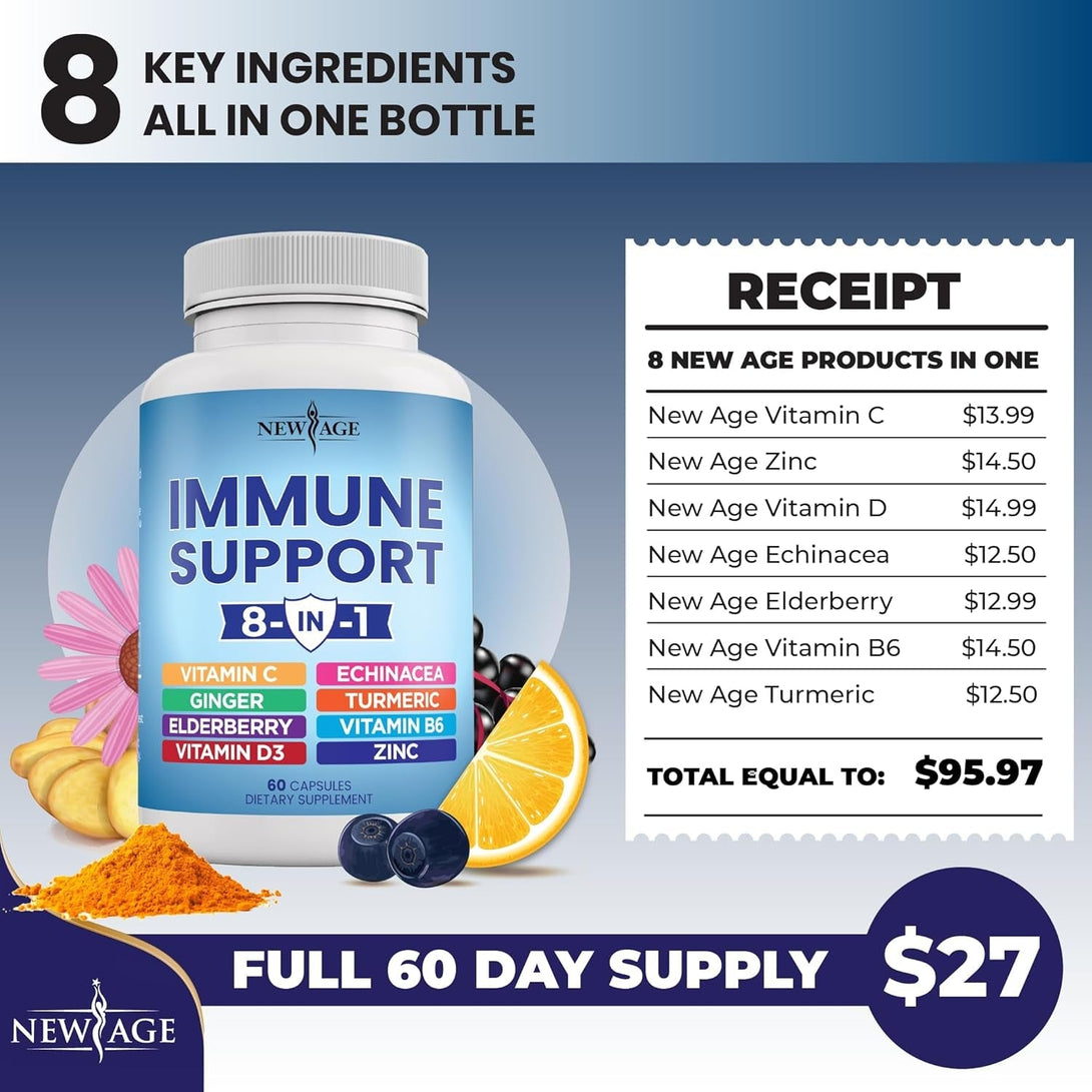 NEW AGE 8 in 1 Immune Support Booster Supplement with Echinacea, Vitamin C and Zinc 50Mg, Vitamin D 5000 IU, Turmeric Curcumin & Ginger, B6, Elderberry 120 Count (Pack of 2)