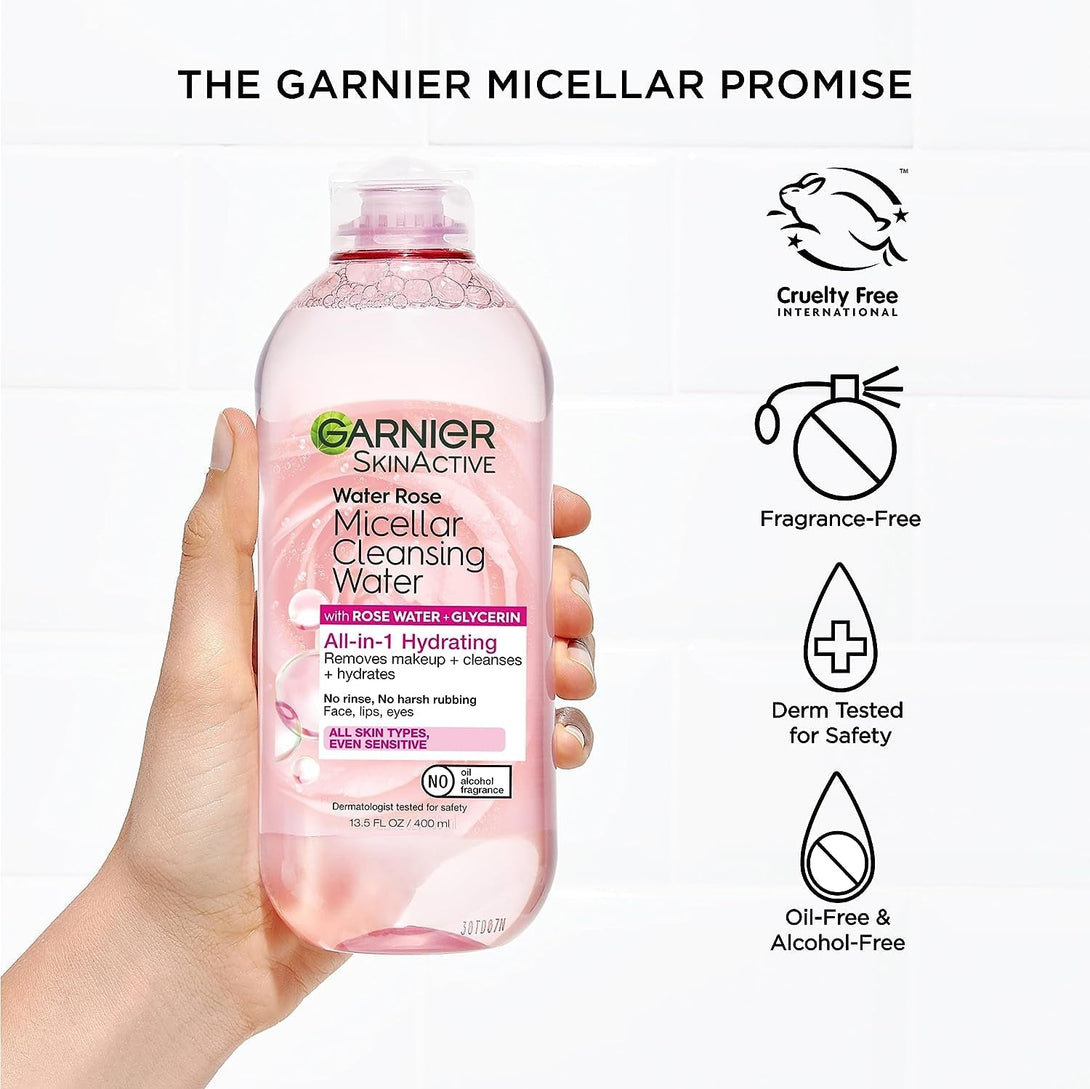 Garnier Micellar Water with Rose Water and Glycerin, Hydrating Facial Cleanser & Makeup Remover, for All Skin Types, Vegan, Cruelty Free, 13.5 Fl Oz (400Ml), 1 Count