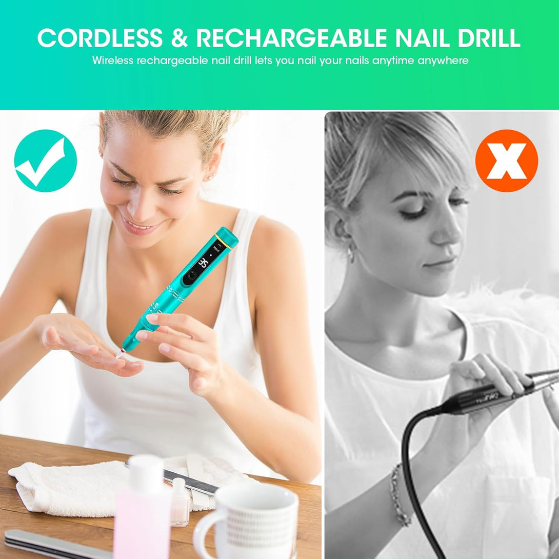 Nail Drill Cordless 35000RPM Rechargeable Professional Electric Nail Drill Kit Wireless Nail File Drill Acrylic Drill for Acrylic Gel Nails Manicure Pedicure Polishing Remover