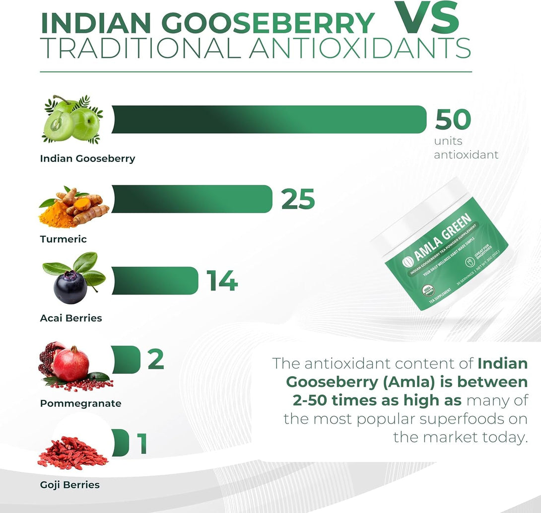 Amla Powder & Green Tea Superfood Supplement, 20X Ultra Concentrated Amla, Antioxidant Support, Made with Oolong Tea and Indian Gooseberries, Organic, Vegan, Classic Flavor, 30 Servings