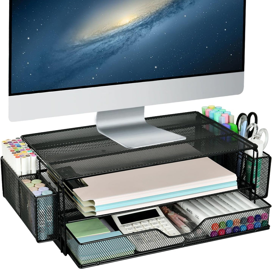 AUPSEN 2 Tier Computer Monitor Stands with Drawer and 2 Pencil Holder, Metal Monitor Stand Monitor Riser, Computer Desk Organizer and Accessories for Laptop, Computer, Printer, Office Supplies(Black)