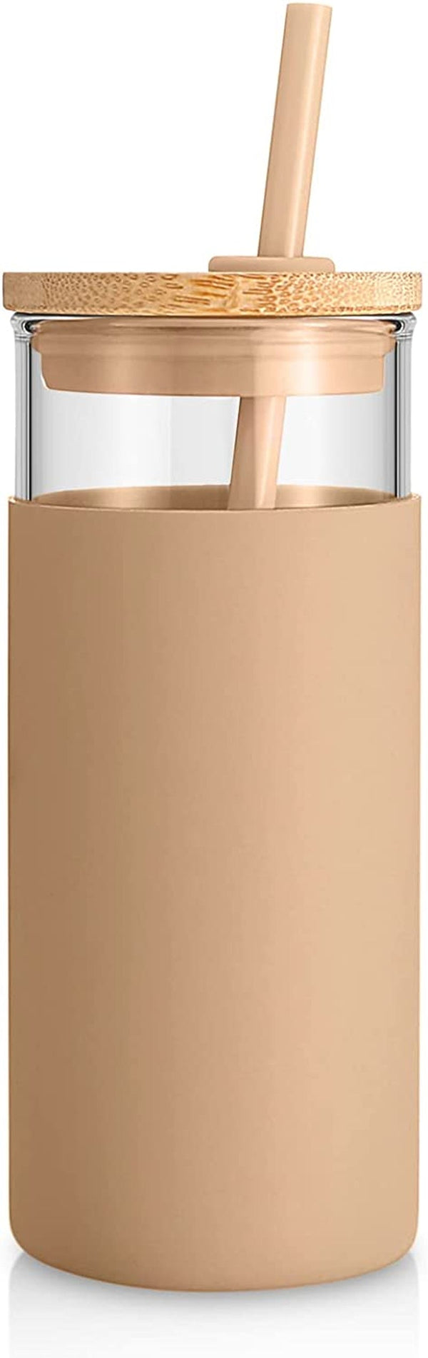 Tronco 20 Oz Glass Tumbler with Lid & Straw - Iced Coffee Cup & Smoothie Cup with Silicone Sleeve | Bpa-Free, Dishwasher Safe | Reusable Glass Cups with Bamboo Lids and Straws (Amber, 1 Count)