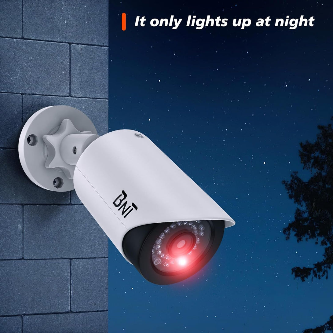 BNT Dummy Fake Security Camera, with One Red LED Light at Night, for Home and Businesses Security Indoor/Outdoor (2 Pack, White)