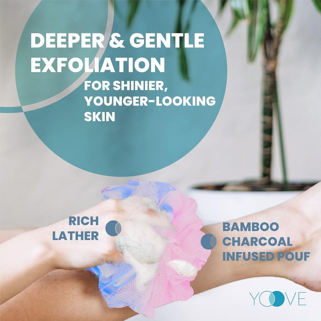 Yoove Loofah Back Scrubber W/Bamboo Charcoal Fiber Infused Bath Sponge, Wooden Handle, Luffa Pouf, Sponge Stick & Hanging Hook for Men & Women, Pink Loofah W/Handle, Loofa, Lufa Body Scrubber Stick