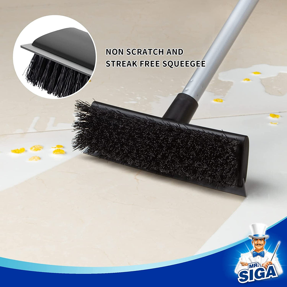 MR.SIGA Floor Scrub Brush with Long Handle, 2 in 1 Scrubber and Squeegee for Cleaning Bathroom, Patio, Garage, Wall, Tile with Stiff Bristles