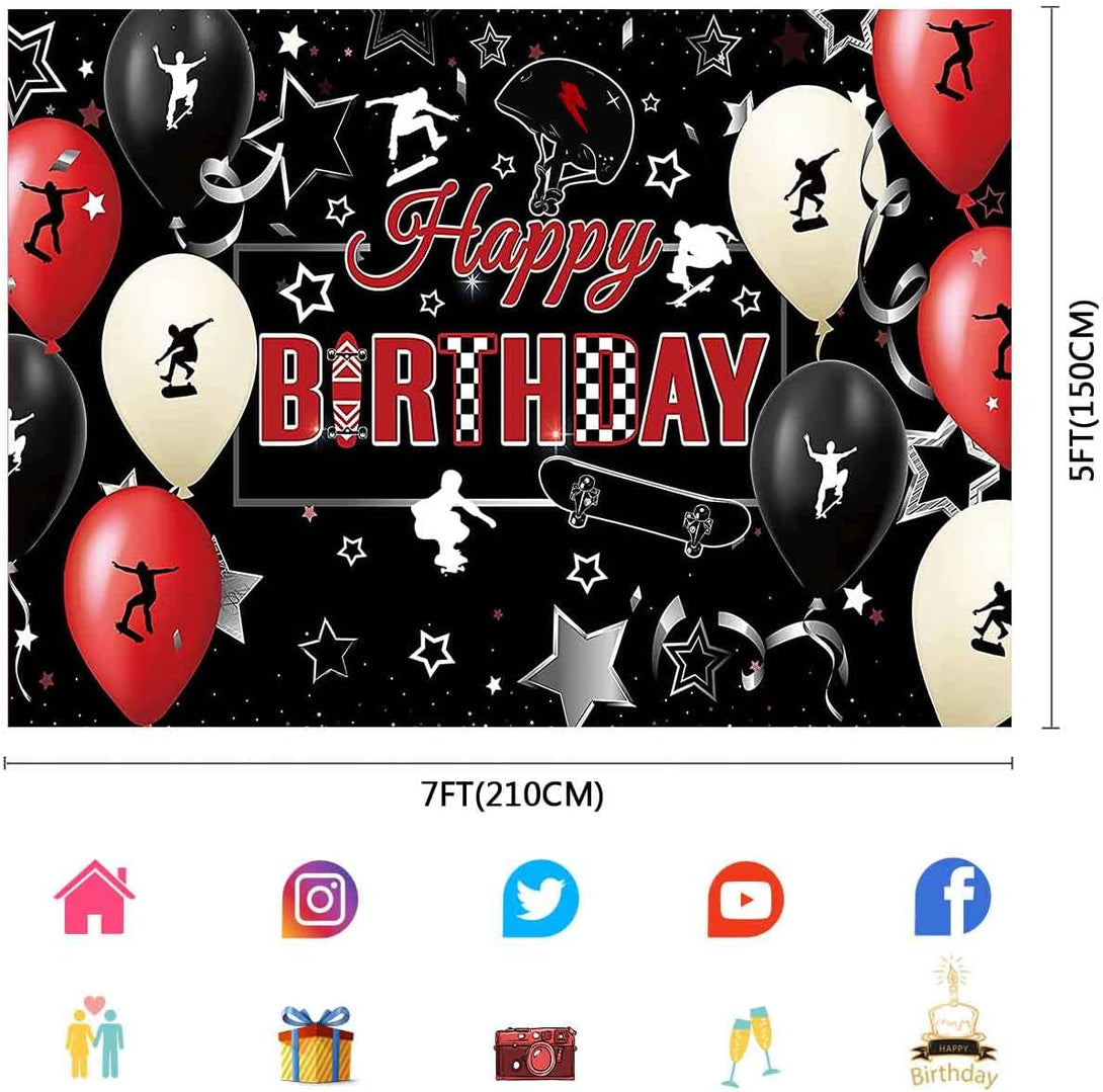 Skateboard Happy Birthday Backdrop 7X5Ft Extreme Sports Props Balloon Helmet Banner Photography Background for Teen Birthday Party Photo Booth Props BJZYAY3
