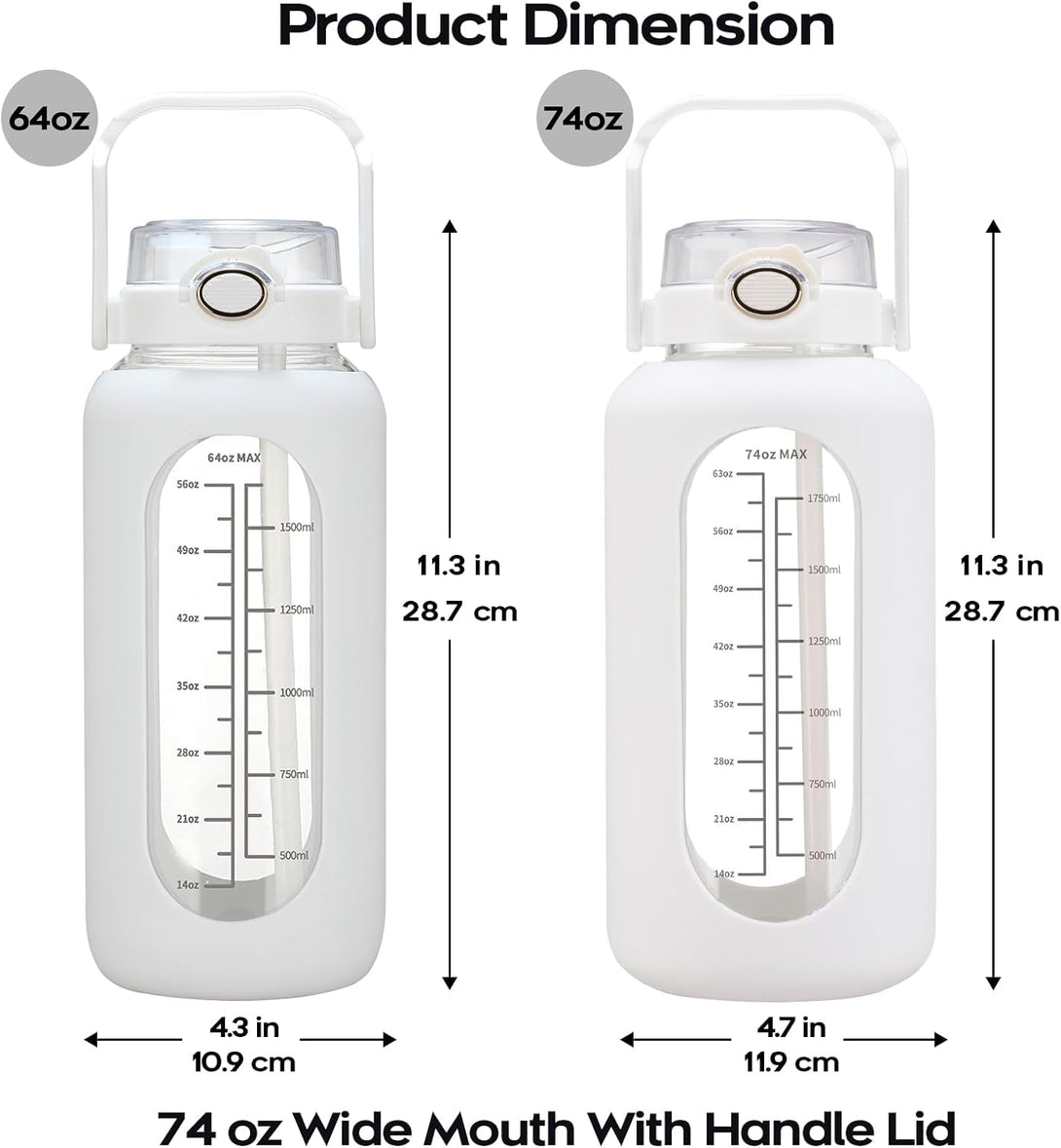 74 Oz Glass Water Bolttles with Straw Large Motivational Water Bottle with Time Marker Sports Water Bottles with Silicone Sleeve and Handle Lid 2.2L Water Jug for Gym Workout