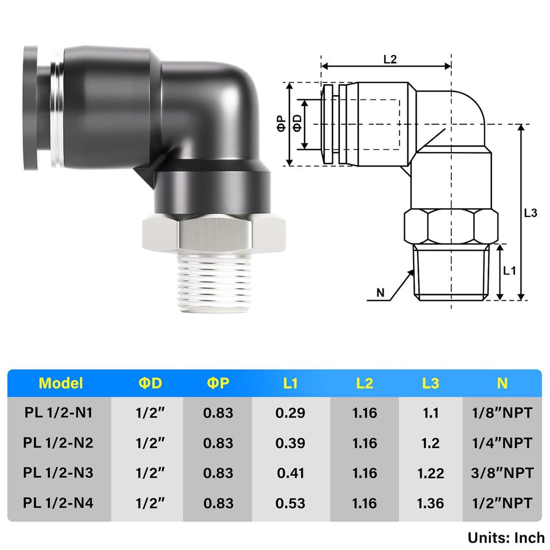 TAILONZ PNEUMATIC Male Elbow 1/2 Inch Tube OD X 1/4 Inch NPT Thread 90 Push to Connect Fittings PL-1/2-N2 (Pack of 5)