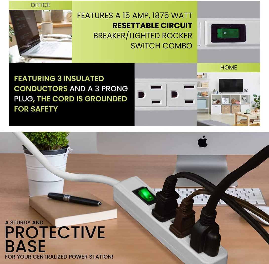 Go Green Power Inc. 2.5Ft 3-Outlet Power Strip - Compact, Durable, Ideal for Travel & Home Use with Right-Angled Plug and Circuit Breaker - GG-13002MS