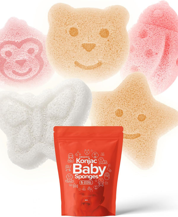 Konjac Baby Sponge for Bathing | Natural Cute Shapes | Kids Bath Sponges for Infants | Toddler Bath Time | Safe Organic Plant-Based | 5Pcs Set : Bear, Monkey, Butterfly, Ladybug, Star