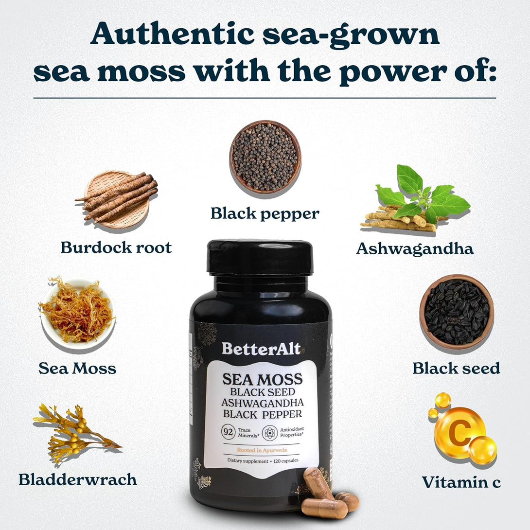 Sea Moss Capsules- Irish Sea Moss with Black Seed Oil, Ashwagandha & Black Pepper for Stamina, Strength & Endurance- High Potency Sea Moss Supplement - 60 Servings, 120 Capsules