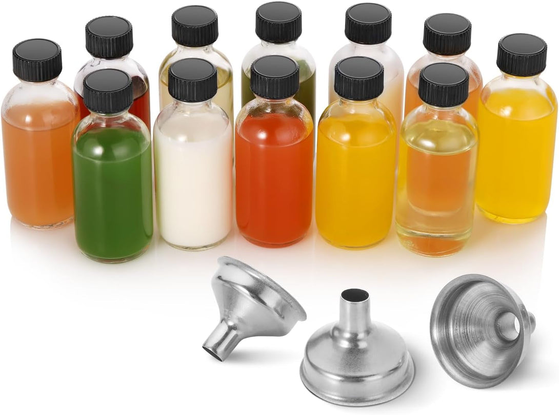AOZITA 12 Pack, 2 Oz Small Clear Glass Bottles W/Lid & 3 Funnels - 60Ml Boston Shot Bottles for Health, Immunity, Potion, Wellness, Sample, Ginger, Juice - Mini Personal Care & Beauty Travel Bottle