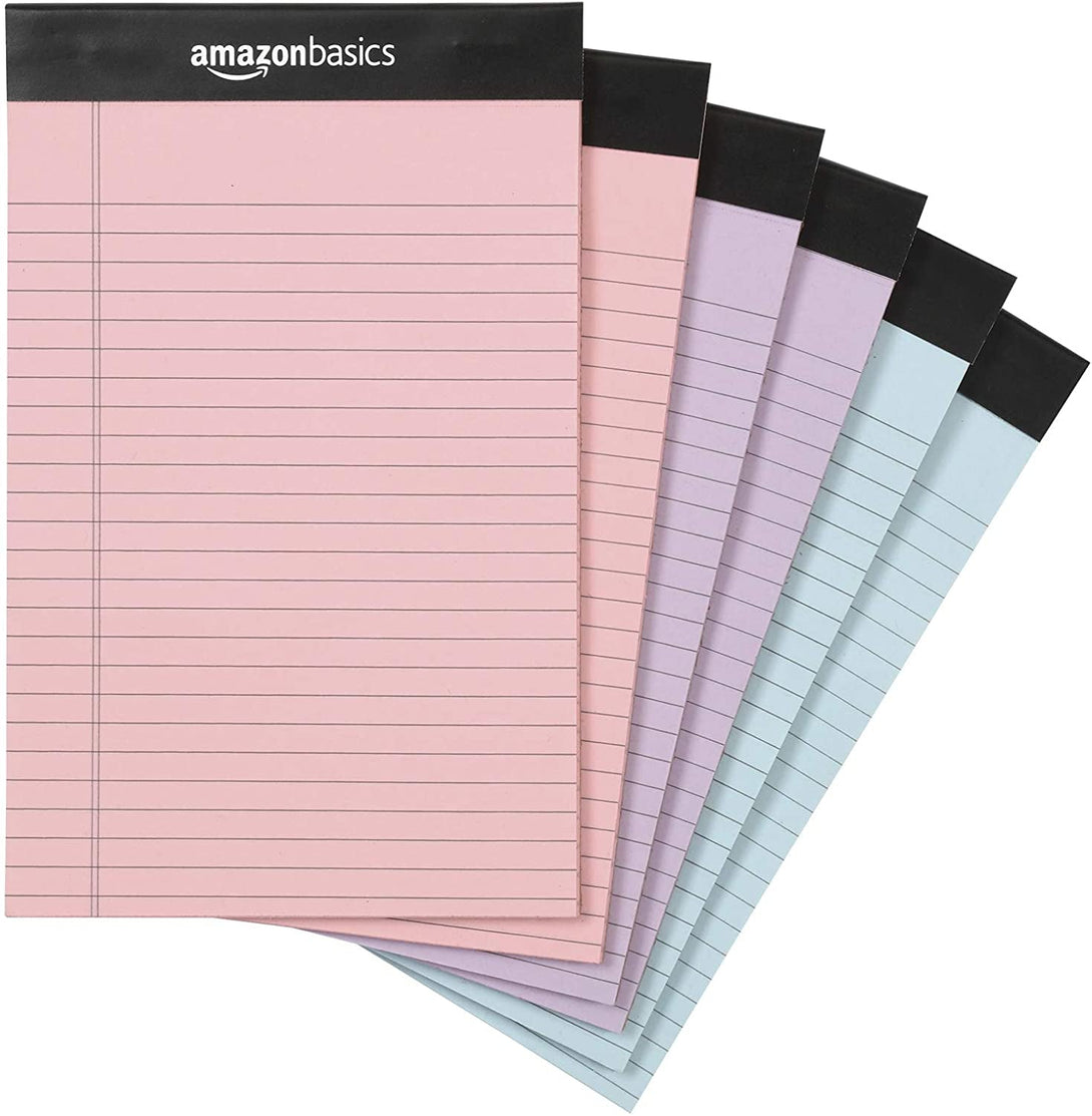Amazon Basics Narrow Ruled 5-Inch by 8-Inch Lined Writing Note Pads, 6 Count (50 Sheet Pads), Multicolor