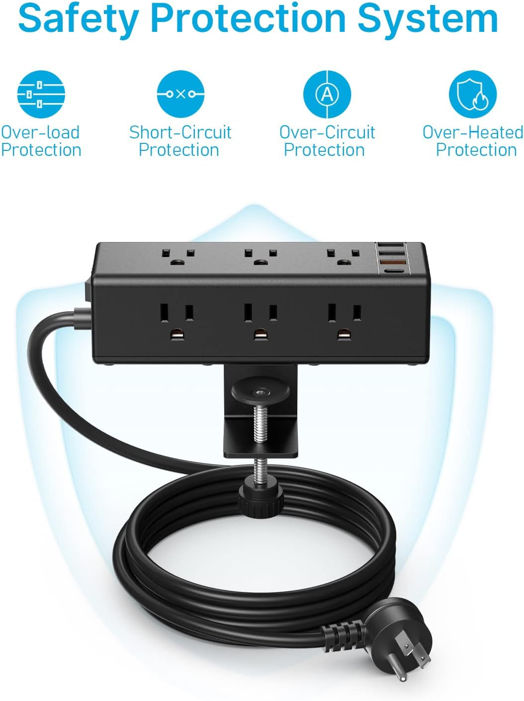 CCCEI Desk Clamp Power Strip with 9 Outlets, Desktop Edge Mount Surge Protector with USB-A and USB-C Ports, Widely Spaced Desk Outlet Fast Charging Station, 6 FT Flat Plug, Fit 1.6 Inch Table.