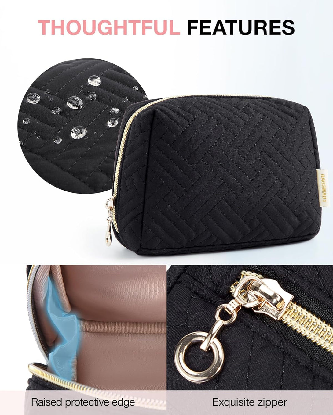 BAGSMART Small Makeup Bag, Travel Cosmetic Bag Make up Pouch Small Travel Zipper Pouch,Water-Resistant Toiletry Bag,Makeup Organizer Bag for Women,Black